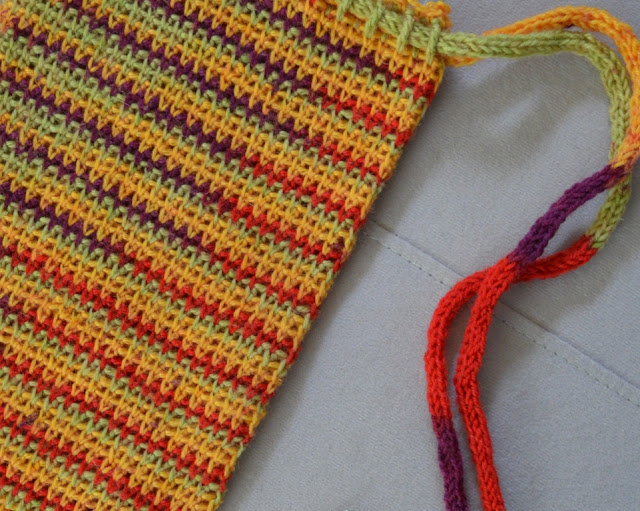 A close-up of the bag (left) and straps (right) showing stitch and french knitting details.