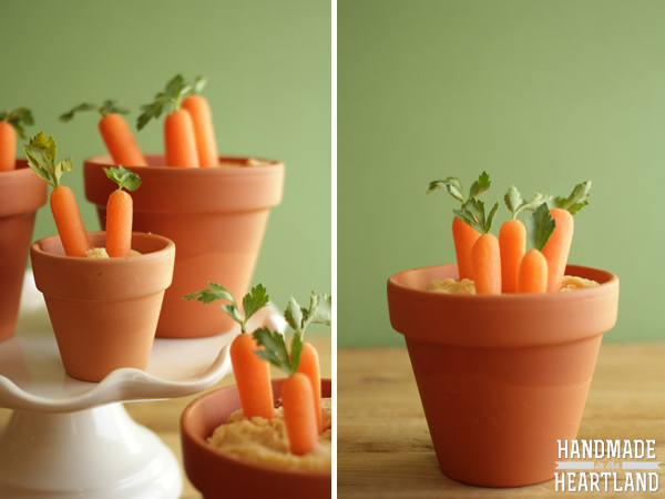 Fresh made hummus & baby carrots "growing" out of terracotta pots. so cute and so easy! Perfect Easter appetizer. 