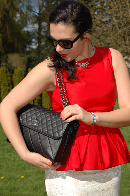 Tibi red peplum Forever 21 brocade pencil skirt, Chanel quilted handbag and Gucci patent pumps