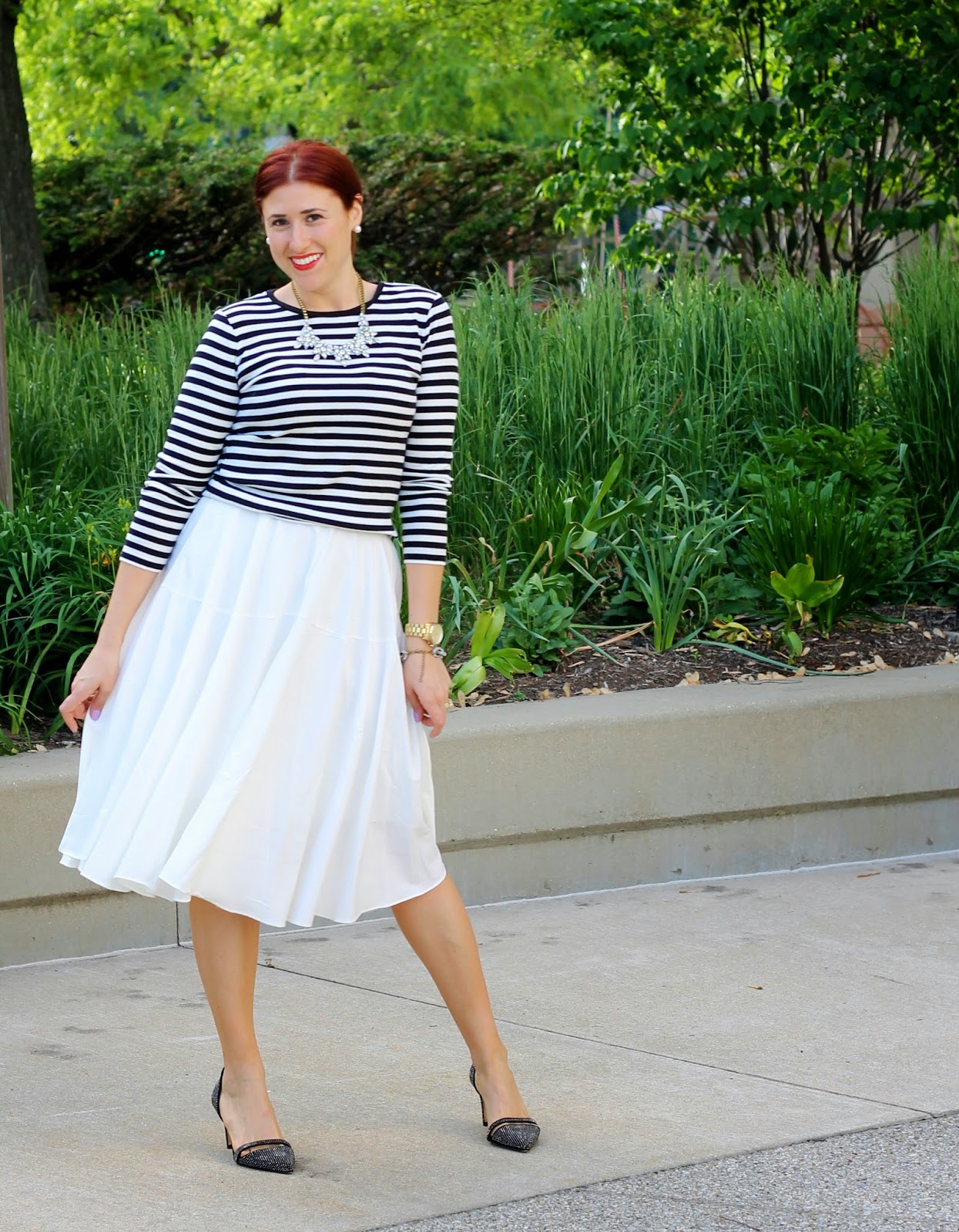 white, midi, skirt, striped, top, french, chicwish