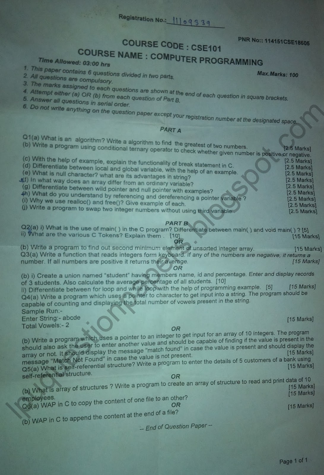 CSE 101 COMPUTER PROGRAMMING ENGINEERING PREVIOUS YEAR QUESTION PAPERS AND STUDY MATERIALS