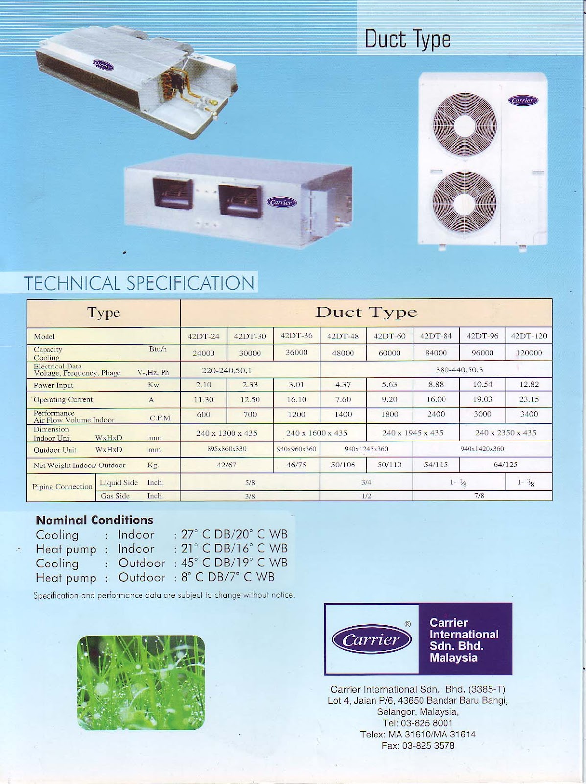 Carrier Duct Type AC Specification Portable Air Conditioner