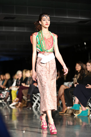 ecofashion week value village thrift chic show, posing in vintage, thrift chic spring looks, green scarf top with pink under neath and pink skirt