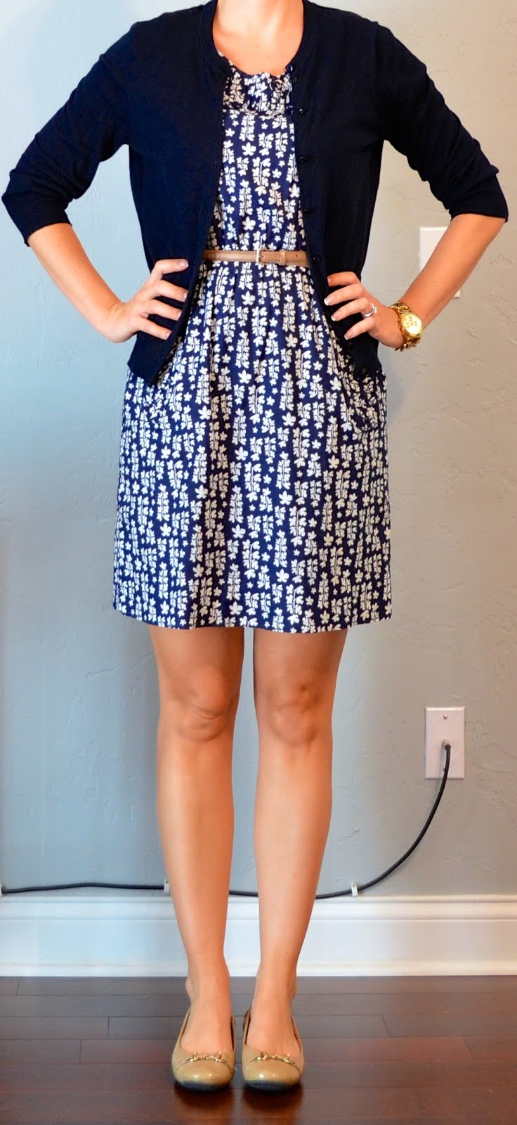 navy blue dress white cardigan
