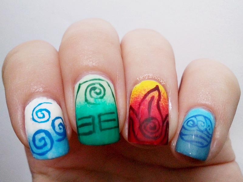 Matching Manicures Cartoon Avatar The Last Airbender Nails Nail Art Nail Design Four 4 elements air earth fire water
