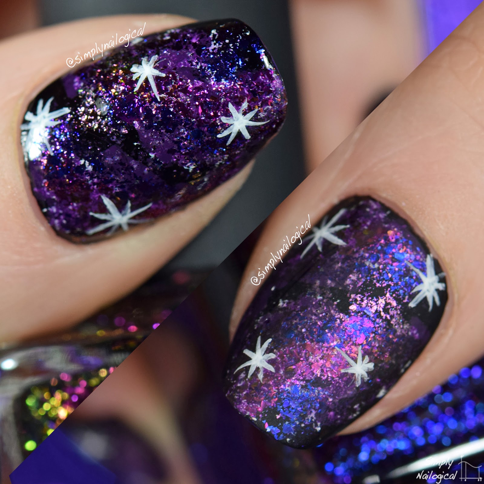 Simply Nailogical: Dark galaxy nails using ultra-chrome flakies