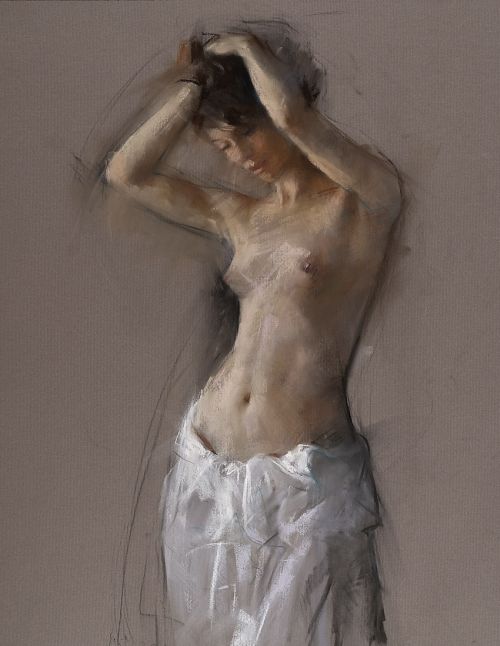 Vicente Romero pinturas mulheres impressionistas seminuas peladas Enrolada numa toalha na cintura e mostrando os lindos e apetitosos seios