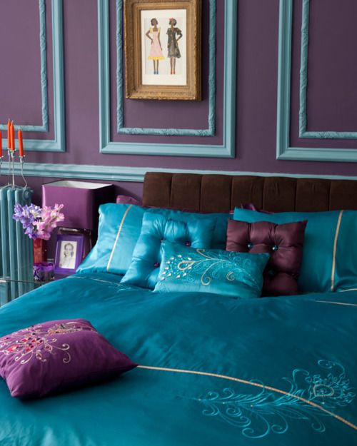 beautiful and glamorous plum and teal bedroom