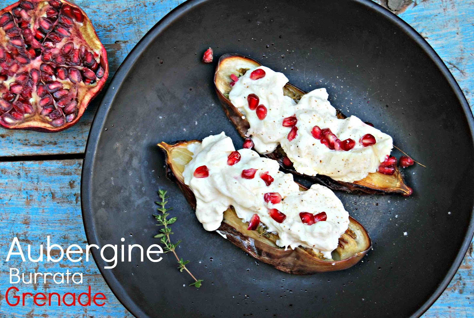 Aubergine, burrata et grenade crème au sésame blanc