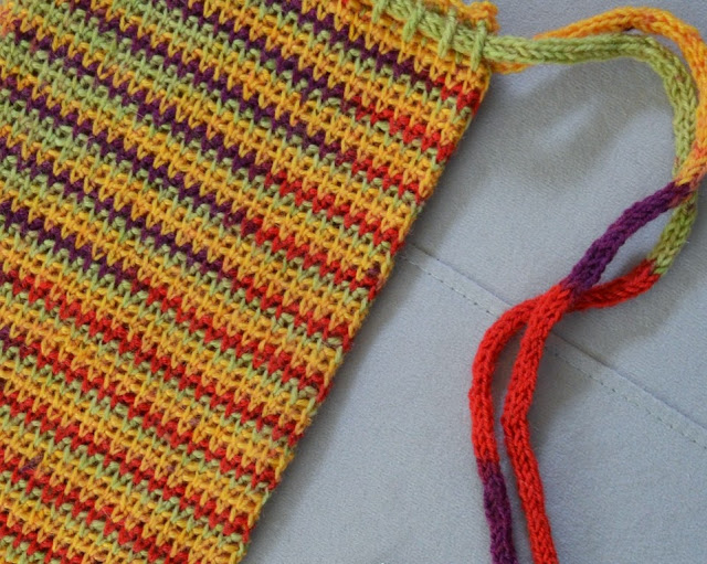 Close up of WIP project bag in variegated yarn with i-cord used as a drawstring.