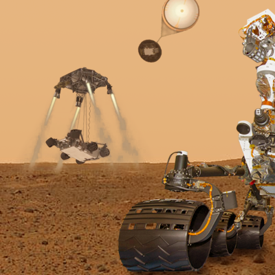 Mars Science Laboratory (MSL) Curiosity. The rover will explore Mars in late 2012 looking for evidence of life and learning more about the planet. Artistic front view over photo-composite take by Opportunity. NASA + JPL + Ren@rt, 2011.
