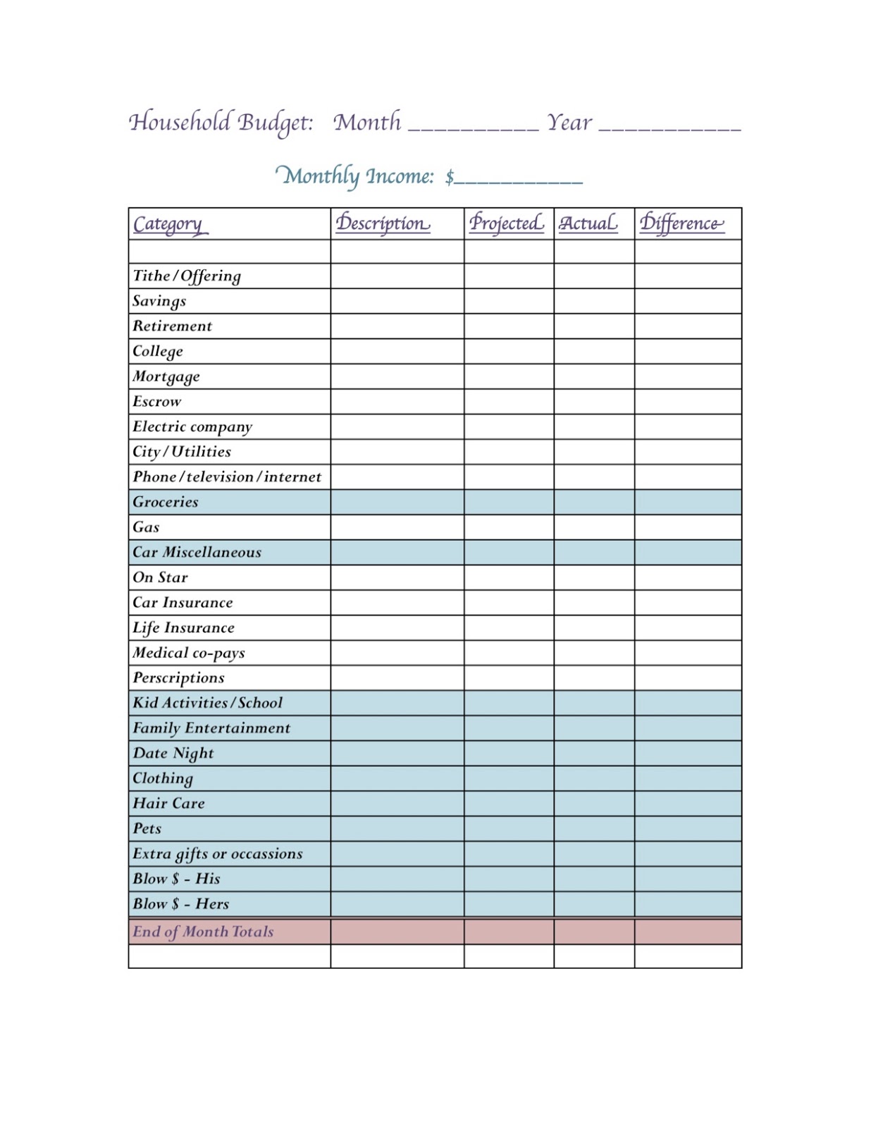 simple household budget template