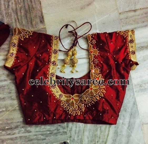 Red Blouse with Floral Maggam Work