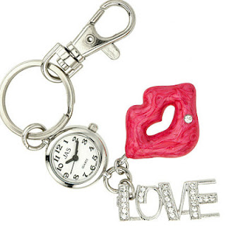 Key chain with love writing and red lips symbol and time piece