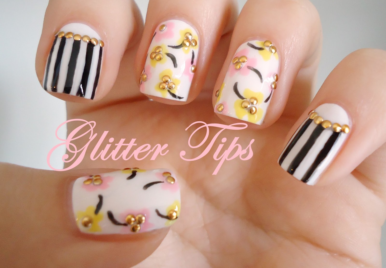 Glitter Tips Studded Spring Floral Nail Art