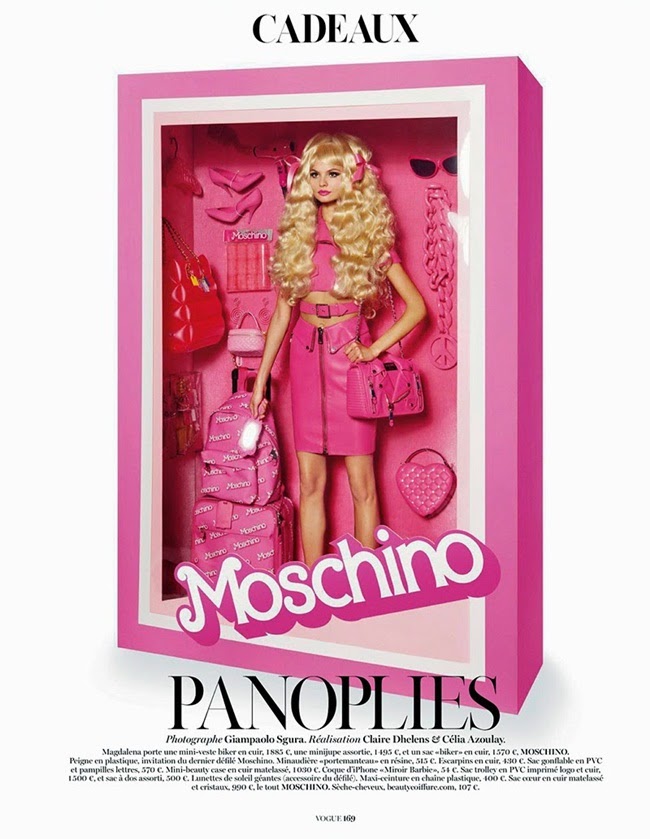Vogue Paris December 2014, Magdalena Frackowiak Moschino SS15 Barbie Pink Cropped Biker Perfecto Jacket With Leather Pencil Skirt Editorials