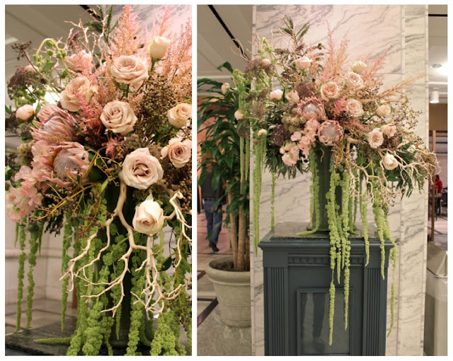 Sweet Pea floral design at the dia Detroit Institute of Arts large art museum floral arrangement with quicksand roses queen protea green hanging amaranths ann arbor detroit