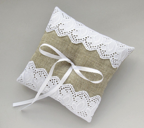 подушка для колец, burlap pillow linen pillow with lace, свадебная подушка