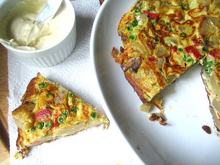 Spanish Tortilla w/ Roasted Peppers, Peas & Garlic Aioli