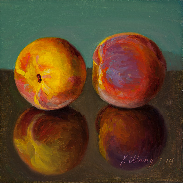 Wang Fine Art two peaches, oil painting original still life daily