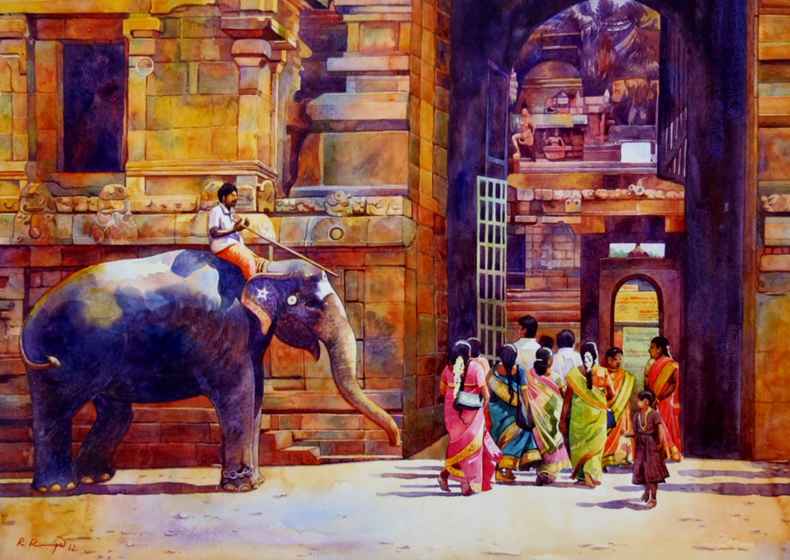 Artist Ragu Thanjavur Brihadeeswarar Temple Watercolor Painting