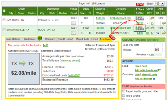Rate Check Data in Load Search Results
