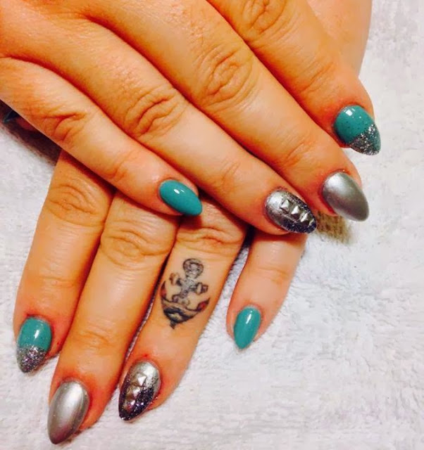 Acrylic cusp nails; LED polish 'real teal', 'gunmetal chrome', black