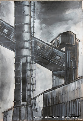 ink wash and gouache drawing on paper of White Bay Power Station, Rozelle by artist Jane Bennett