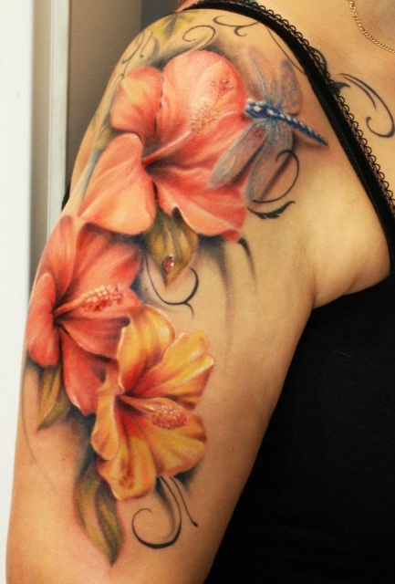 3D red flower and insect tattoo on shoulder