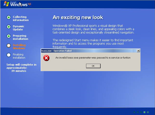 Xp Setup Error | an invalid isass exe parameter was passed to a service or Xp Setup Error | an invalid isass exe parameter was passed to a service or