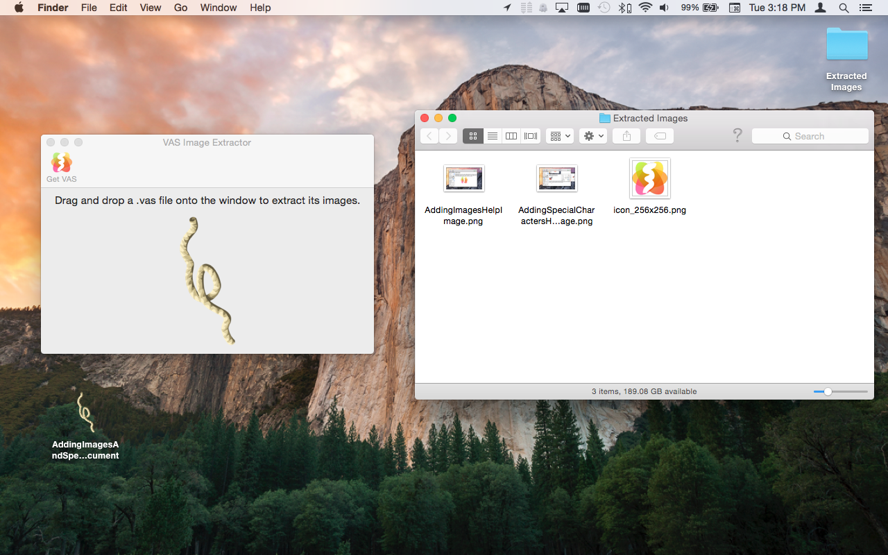 VAS Image Extractor Mac App screenshot of window and extracted images folder.