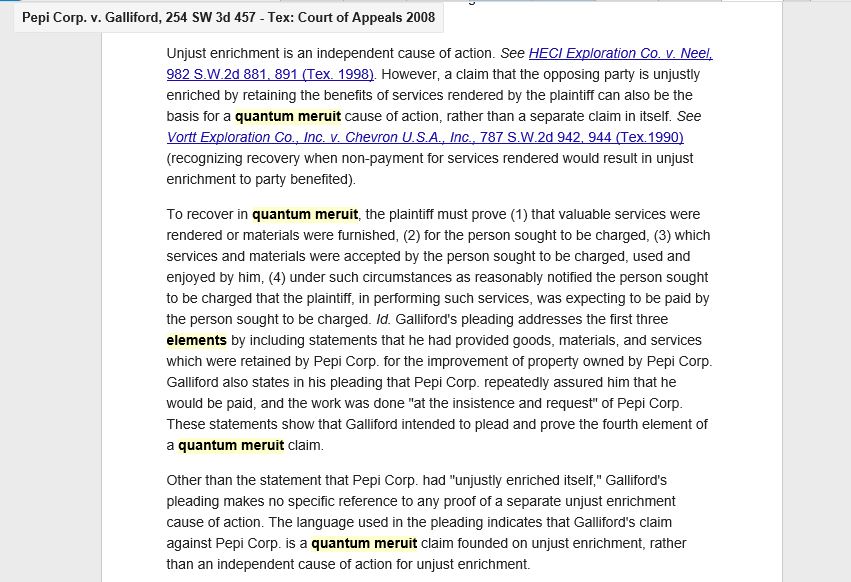 Consumer Debt Litigation (mostly Texas) Unjust Enrichment as a legal