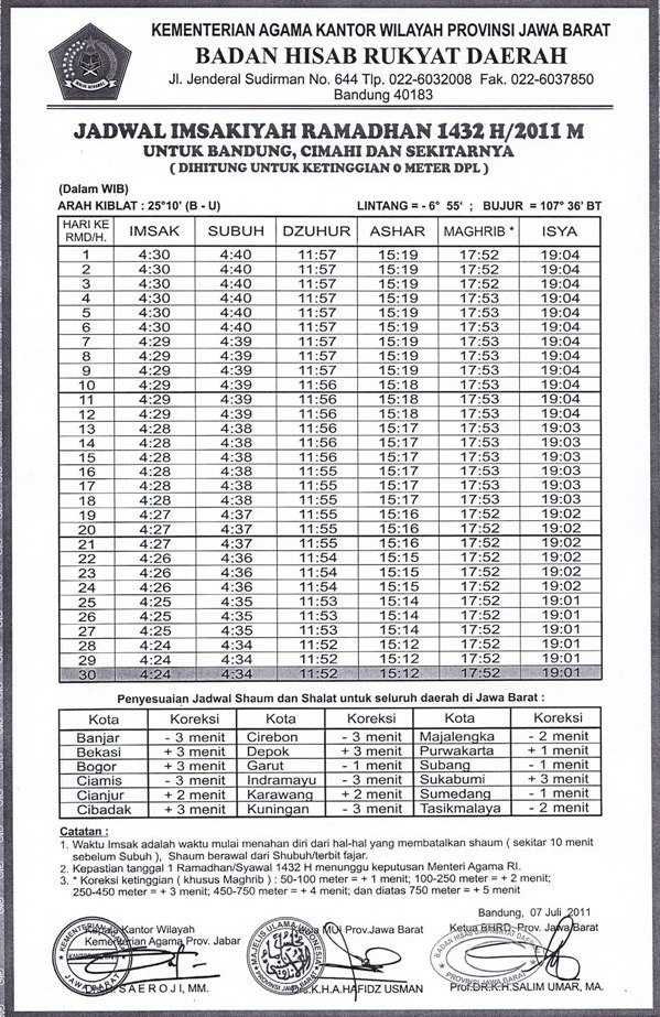 Jadwal Imsakiyah Puasa Ramadhan 1432 H / 2011 Masehi Jadwal Imsakiyah Puasa Ramadhan 1432 H / 2011 Masehi