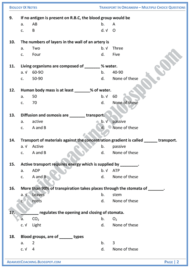 transport-in-organisms-multiple-choice-questions-biology-notes-for-class-9th