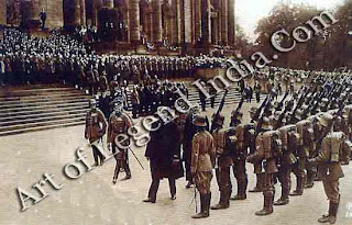 President Hindenburg on duty, On 12 May 1925, Field-Marshal von Hindenburg was formally sworn in as the new Reichspresident in the Reichstag building. His victory over the Russians at Tannenberg and the Masurian Lakes in 1914 had elevated him to the status of national hero and for the last year of the war he had been effectively in control of German civil and military policy. With defeat came revolution, the establishment of the Weimar Republic and the resultant tensions between the rightist old guard and the stirrings of leftist change. Hindenburg, already in his late seventies, had little influence on policy during his two terms as president; his acceptance of Hitler as Chancellor in 1933 spelt the end of the Republic. Here the newly appointed Reichspresident inspects a military parade after leaving the Reichstag. President Hindenburg on duty, On 12 May 1925, Field-Marshal von Hindenburg was formally sworn in as the new Reichspresident in the Reichstag building. His victory over the Russians at Tannenberg and the Masurian Lakes in 1914 had elevated him to the status of national hero and for the last year of the war he had been effectively in control of German civil and military policy. With defeat came revolution, the establishment of the Weimar Republic and the resultant tensions between the rightist old guard and the stirrings of leftist change. Hindenburg, already in his late seventies, had little influence on policy during his two terms as president; his acceptance of Hitler as Chancellor in 1933 spelt the end of the Republic. Here the newly appointed Reichspresident inspects a military parade after leaving the Reichstag.