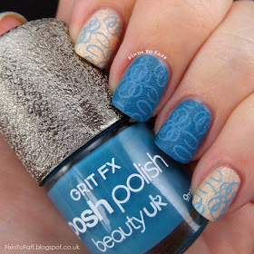 Teal and champagne colored manicure with light blue stamping over textured polish.