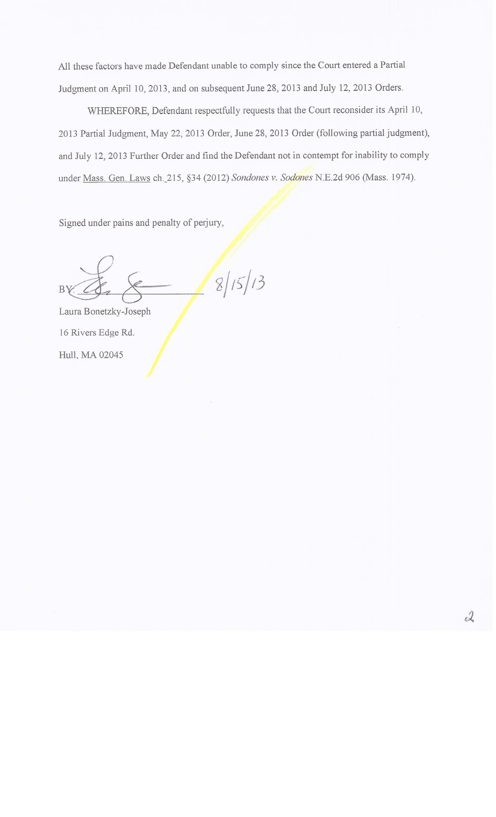 Post 2012 Trial Court Actions, Motions, Contempts 8/15/13 Motion for