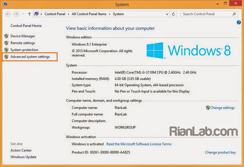 Advanced system settings control panel
