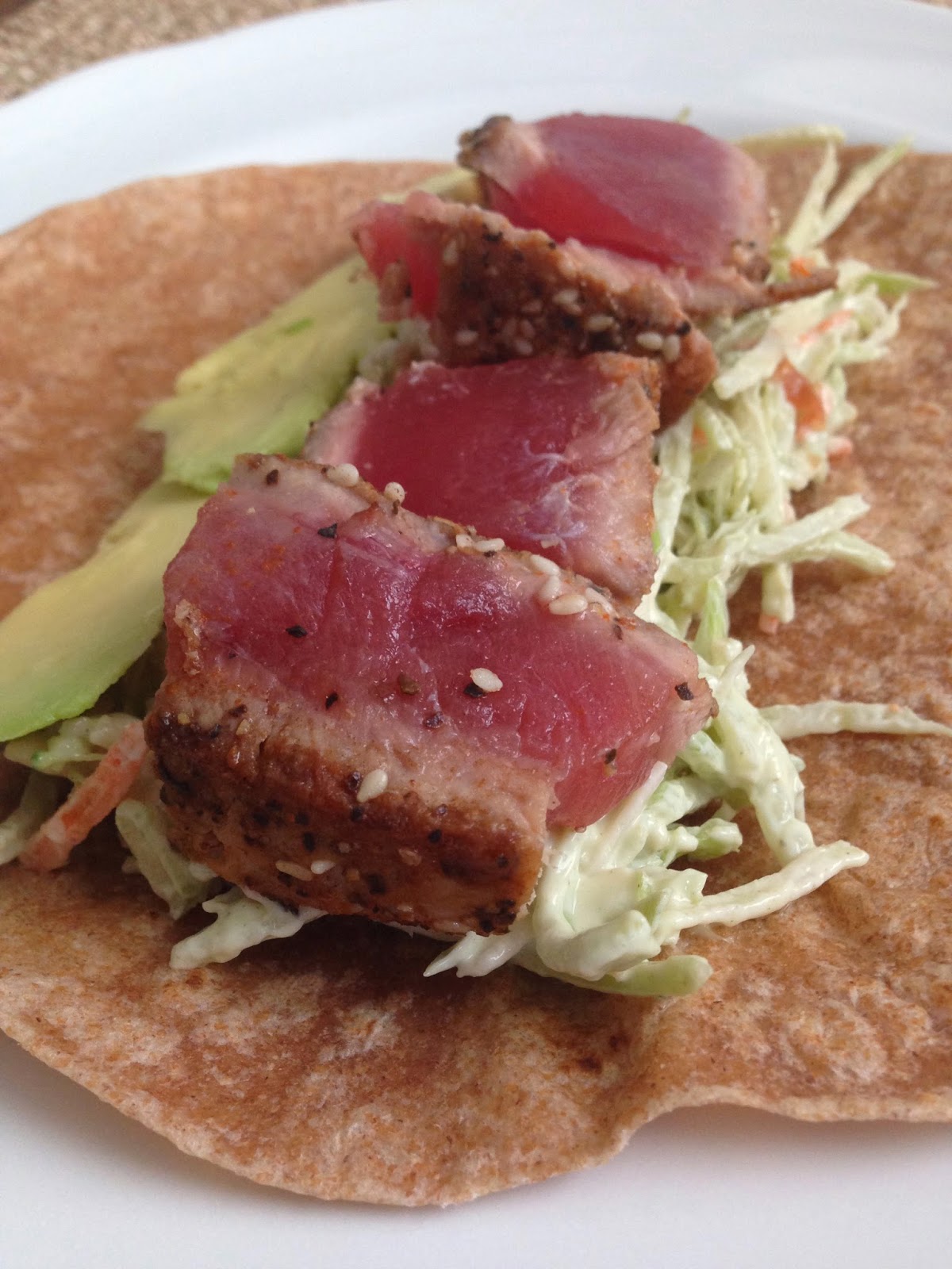 taylor made seared ahi tuna wraps with wasabi mayo slaw & avocado