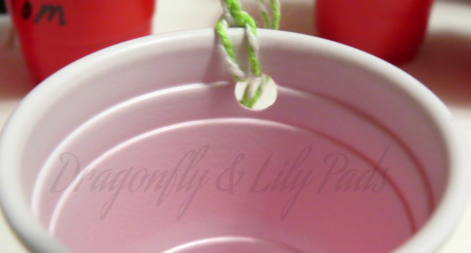Red Solo Cup twine tied ornament, Names written on Red Solo Cups, Red, Blue, Green, White Twine 