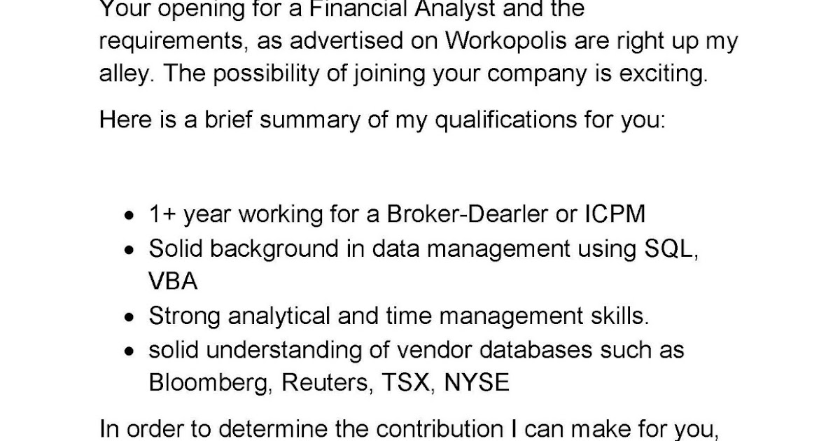 cover letter for analyst position