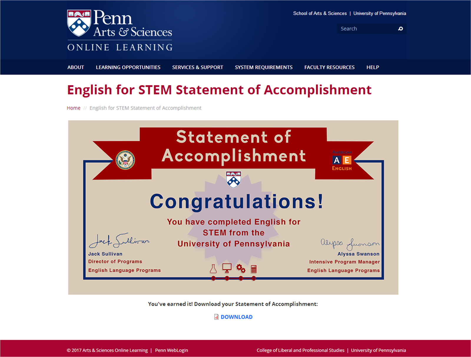 English for Science, Technology, Engineering, and Mathematics (STEM) Statement of Accomplishment