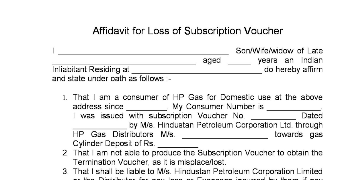 LPG GAS INDIA FORM Loss of Subscription Voucher (SV)