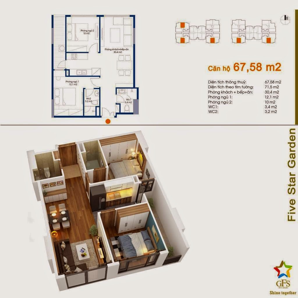 Thiết kế căn hộ 67,58 m2 Five Star Kim Giang