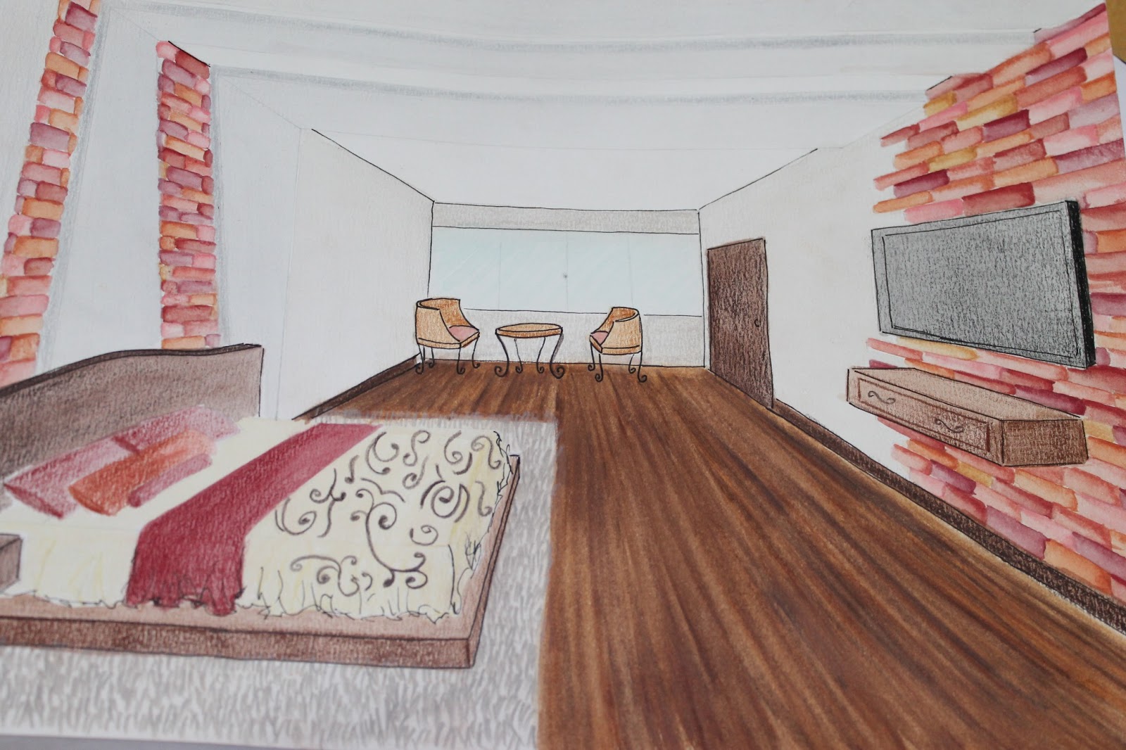 Dibujo perspectiva y color: habitación hotel