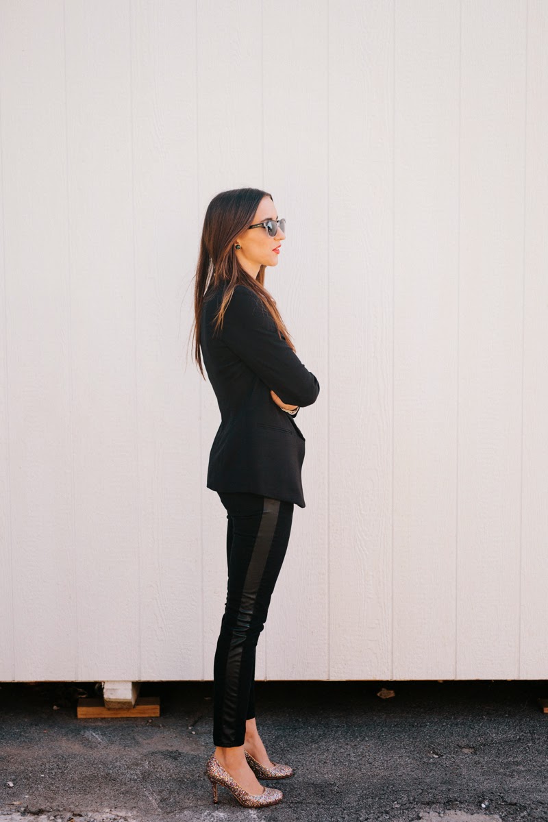 all black outfit, black and white outfit, kate spade heels, glitter high heels, karoline glitter high heels, johnny cash style, leather piped pants, loft black pants, dkny sunglasses