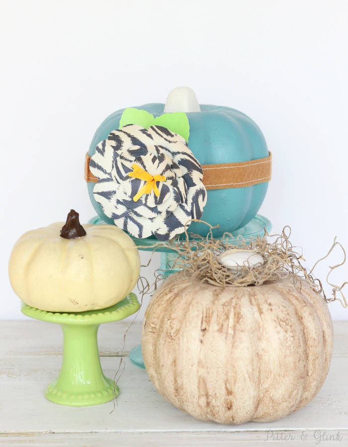 Take a dollar store pumpkin from cheap to chic using paint and a handmade paper flower. www.pitterandglink.com