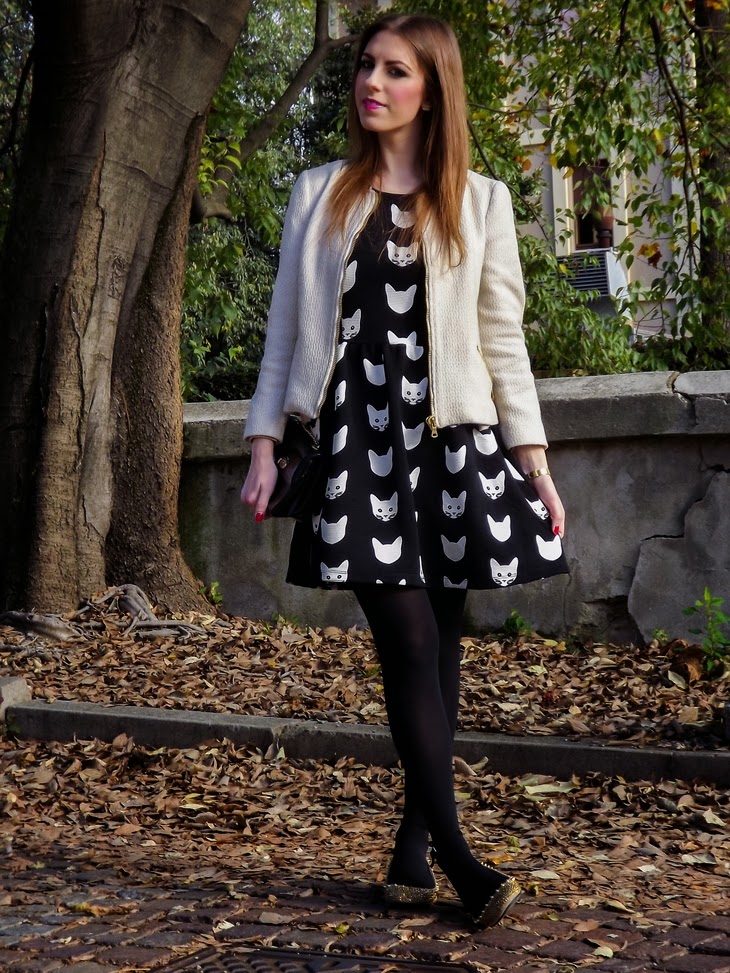 H&M Cat Dress Zara Sheer Golden Jacket Zara Gold Studded Spiked Ballerina Flats Casio Mini Vintage Watch gold Essence Lipstick n.09 Wear Berries