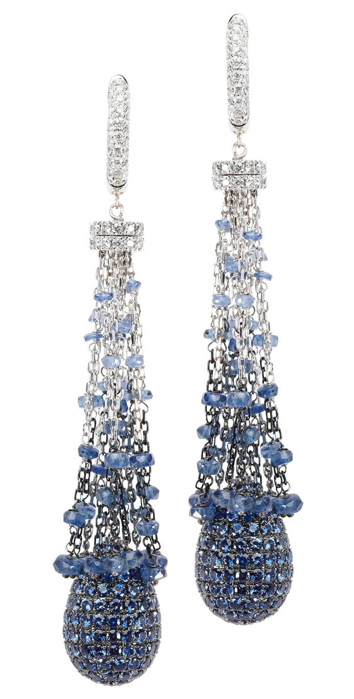 حلقان بالماس  الازرق  والؤلؤ Mariani+1878+Blue+sapphire+pave+drop+and+blue+sapphire+tassel+earrings+-Collection+Damasco-
