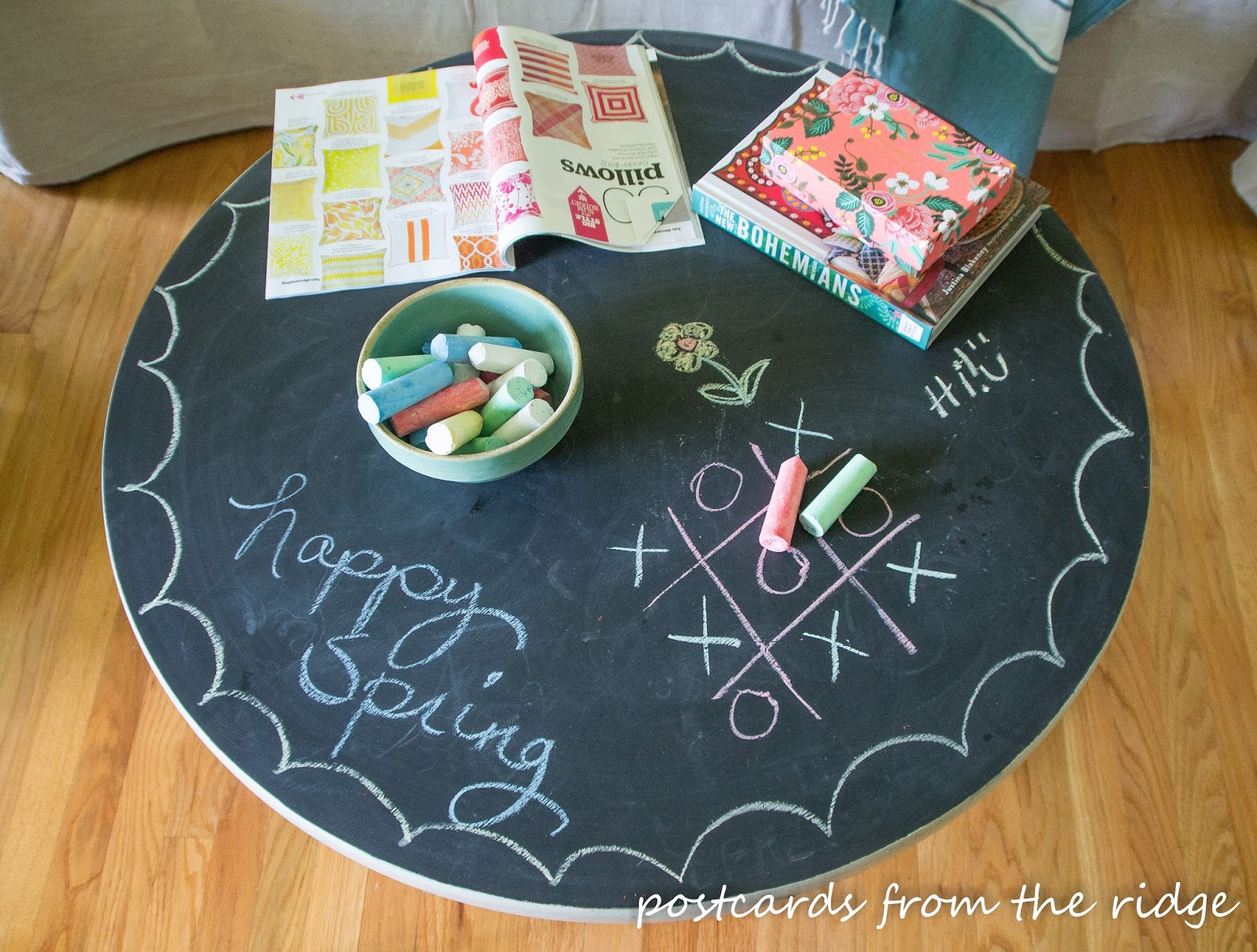 Chalkboard Painted Pedestal Coffee Table Inspired by Pottery Barn
